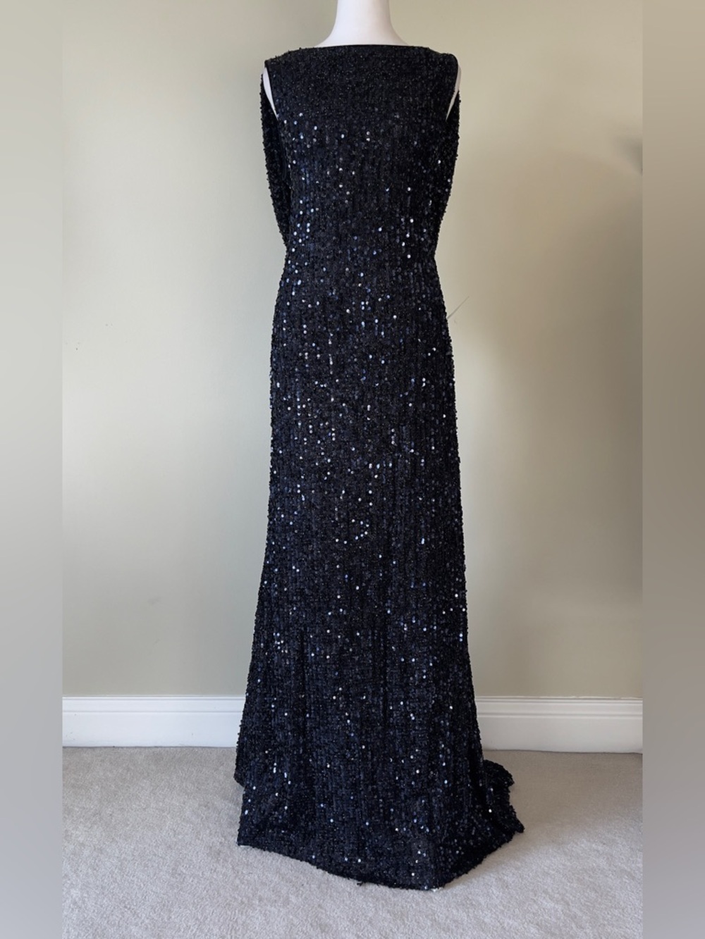 Ieena Sequined Sleeveless Draped Cowl Back Elegant Black Sequin Evening Gown NWT - Picture 4 of 8